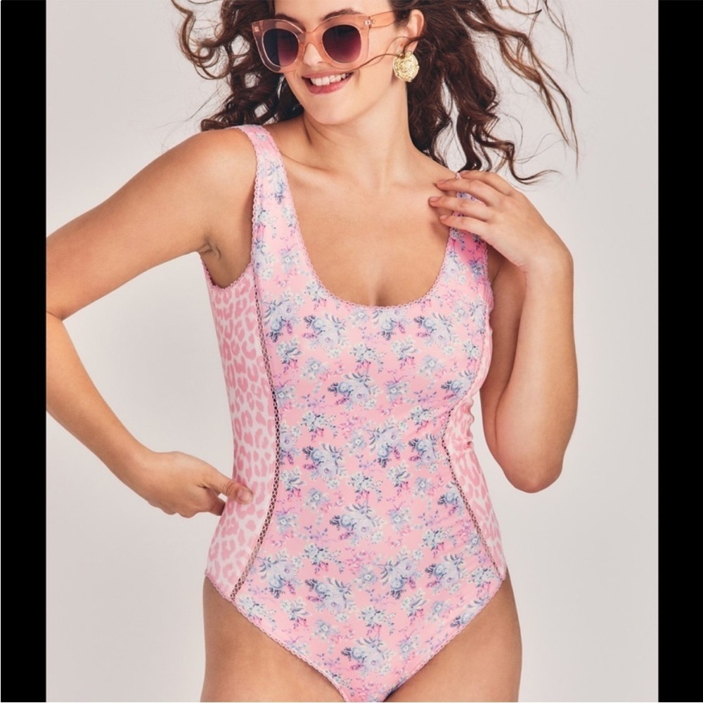LoveShackFancy Mikkel One Piece Swim Bathing Suit Floral Pink View 2